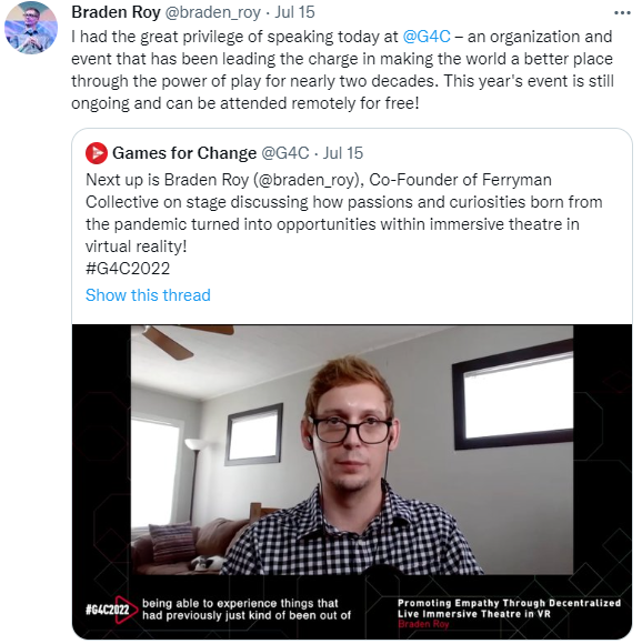 Ferryman_VR's tweet photo. Shout out to @braden_roy for his chat with the 2022 @G4C Festival about the work Ferryman Collective is doing. 
 #G4C #gamedesign #socialimpact #socialgood #nonprofit #welcometorespite #VR #storytelling #G4C2022 https://t.co/IA4AINiwNi