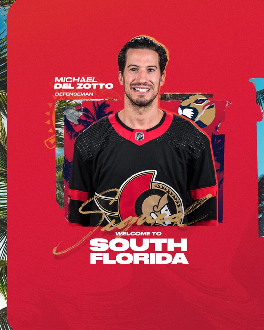 Red graphic featuring a photo of new Florida Panthers defenseman Michael Del Zotto with his name in the top left corner and "Signed" underneath his photo alongside the text "Welcome to South Florida."