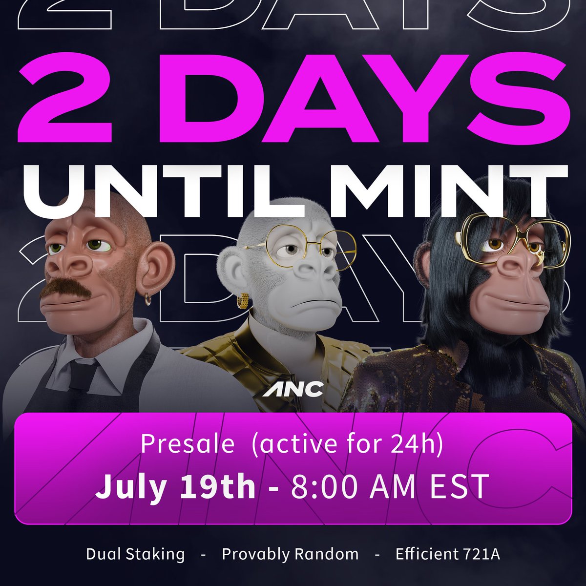 ✅ Dual Staking 🪙
✅ Provably Random (Chainlink)
✅ Efficient ERC-721A (1-3$ at current Gas levels)
✅ Apes together strong

Giving away 𝟮x WL spots + 𝟮 free NFT 👇

To enter:
1⃣ Follow <a href="/ApeNightClub/">Ape Night Club</a> with 🔔
2⃣ ❤️ &amp; RT This Post
3⃣ Tag 3 frens

✅ Join: discord.gg/apenightclub