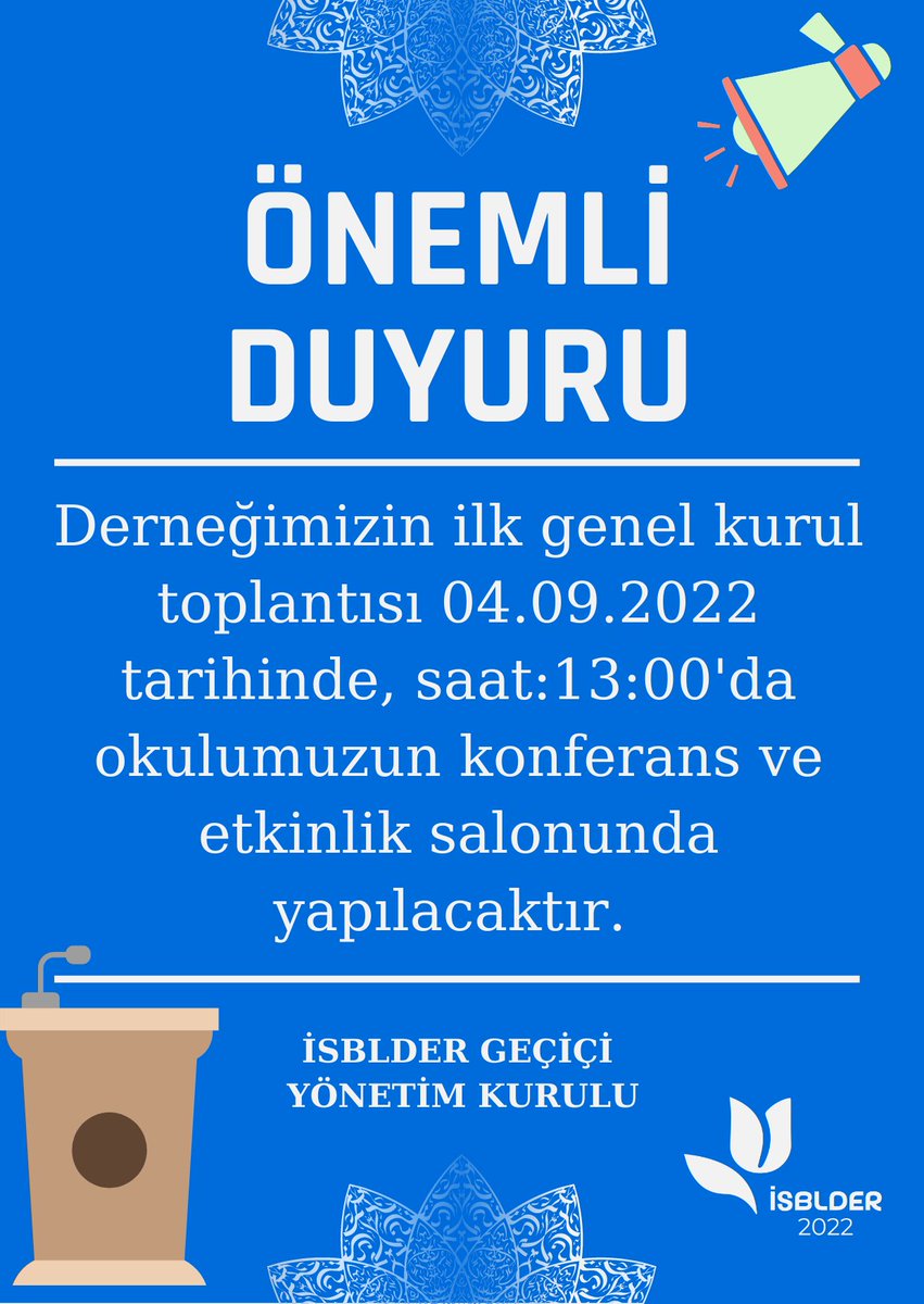 DUYURU

Derneğimizin ilk genel kurul toplantısı 04.09.2022 tarihinde, saat:13:00'da okulumuzun konferans ve etkinlik salonunda yapılacaktır.