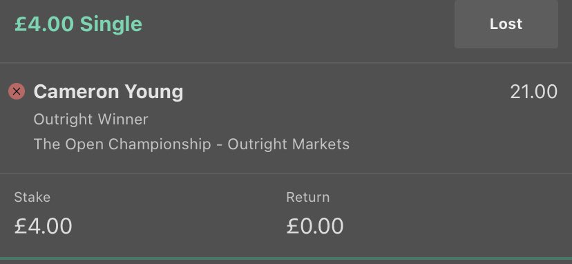 NickSTDavies's tweet photo. what a mental last hole to walk away with absolutely zero winnings! All four of my bets finish in the top four and Youngs eagle on the last wiped every bet out!! Unlucky is an understatement! Fuming! @bet365 @TheOpen https://t.co/DJu8NhxHh1