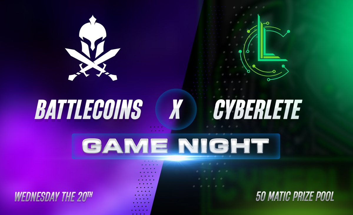 BattleCoinsDapp's tweet photo. Whos Excited for the BattleCoins x @Cyberlete Collab! Play to win in our 50 MATIC Prize pool tournament this Wednesday at 5PM PST over at Cyberlete. Looking forward to seeing you all Battle for 1st place! https://t.co/CVhQKuM69n