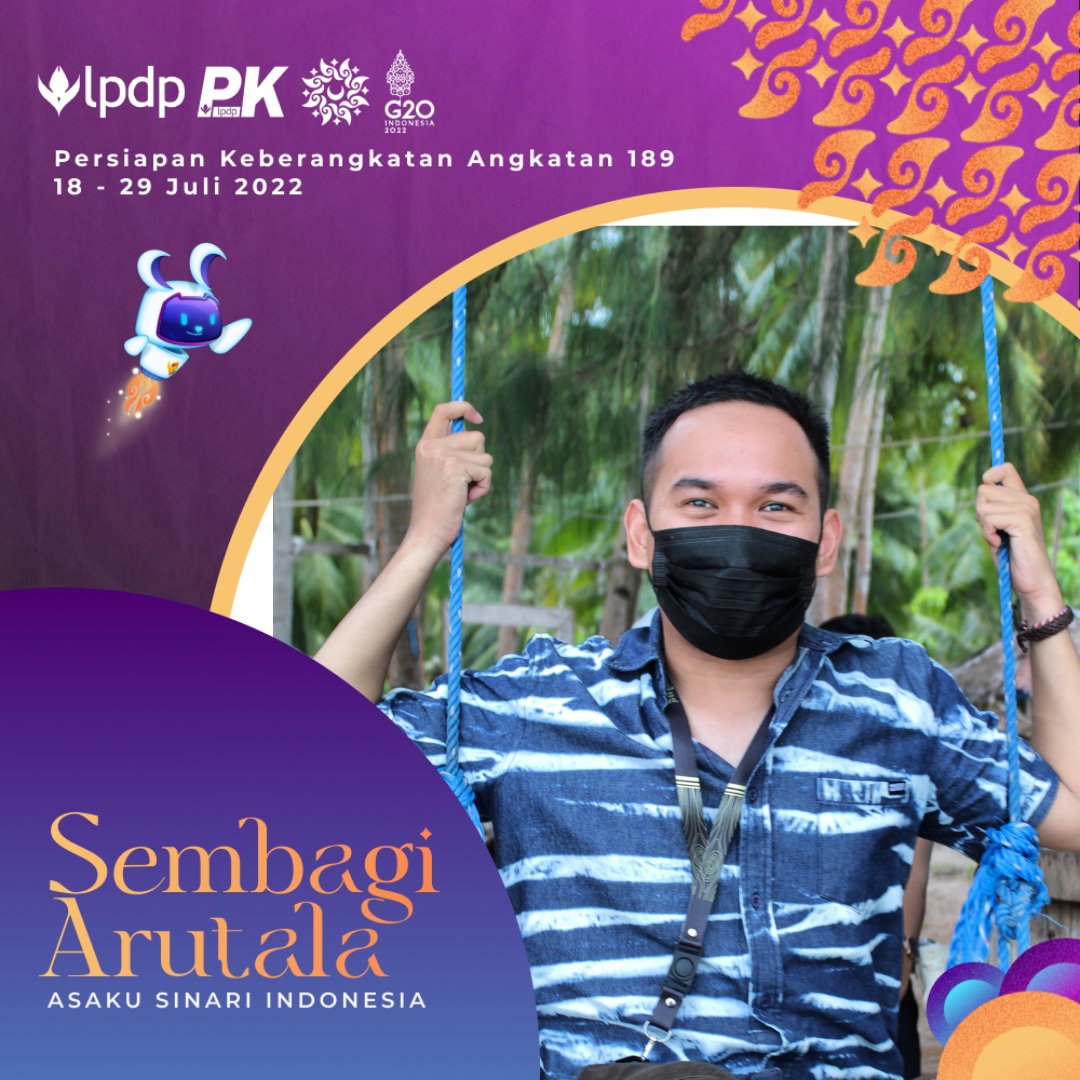 ef. (@esyaifullah) on Twitter photo Halo, sobat Tala!
Dengan rasa suka cita membangun Indonesia dengan kreativitas,
Saya Muhammad Eef Syaifullah.F sebagai awardee <a href="/lpdp_ri/">#DiriUntukNegeri</a> siap berkomitmen mengikuti rangkaian kegiatan Persiapan Keberangkatan (PK) angkatan 189 “Sembagi Arutala” <a href="/pk189lpdp/">Sembagi Arutala</a> tanggal 18-29 Juli 2022. Halo, sobat Tala!
Dengan rasa suka cita membangun Indonesia dengan kreativitas,
Saya Muhammad Eef Syaifullah.F sebagai awardee <a href="/lpdp_ri/">#DiriUntukNegeri</a> siap berkomitmen mengikuti rangkaian kegiatan Persiapan Keberangkatan (PK) angkatan 189 “Sembagi Arutala” <a href="/pk189lpdp/">Sembagi Arutala</a> tanggal 18-29 Juli 2022.