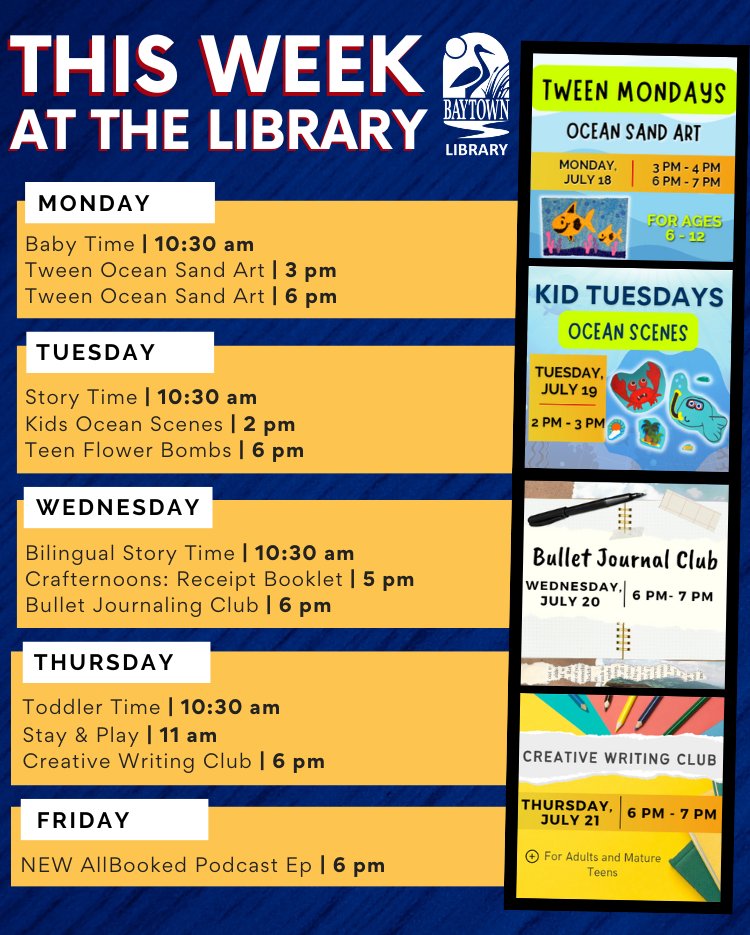 baytownlibrary's tweet photo. Are you trying to find activities to keep the kiddos and family entertained? Look no further! Here is our lineup of all the programs scheduled for this week at the #BaytownLibrary! https://t.co/OqrkZmEFiC