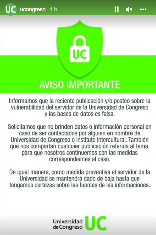 A través de una publicación en las historias de la cuenta oficial, la Universidad de Congreso se expresa sobre la supuesta filtración de datos de la organización.
instagram.com/ucongreso/
#datospersonales #ciberseguridad