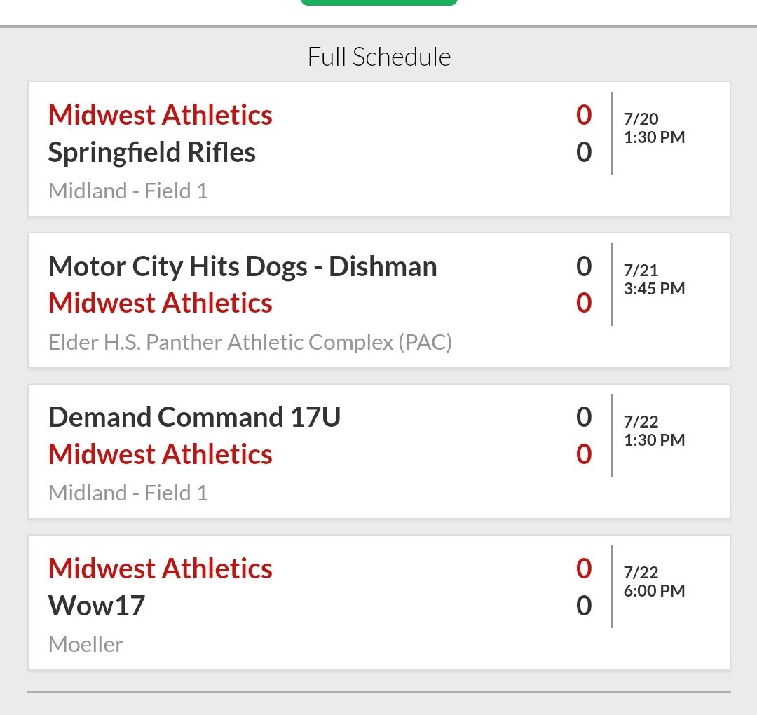 Early Start to the Week.. Midwest Athletics 17u will be in the Cincinnati area for the 17u Pastime National Championship...