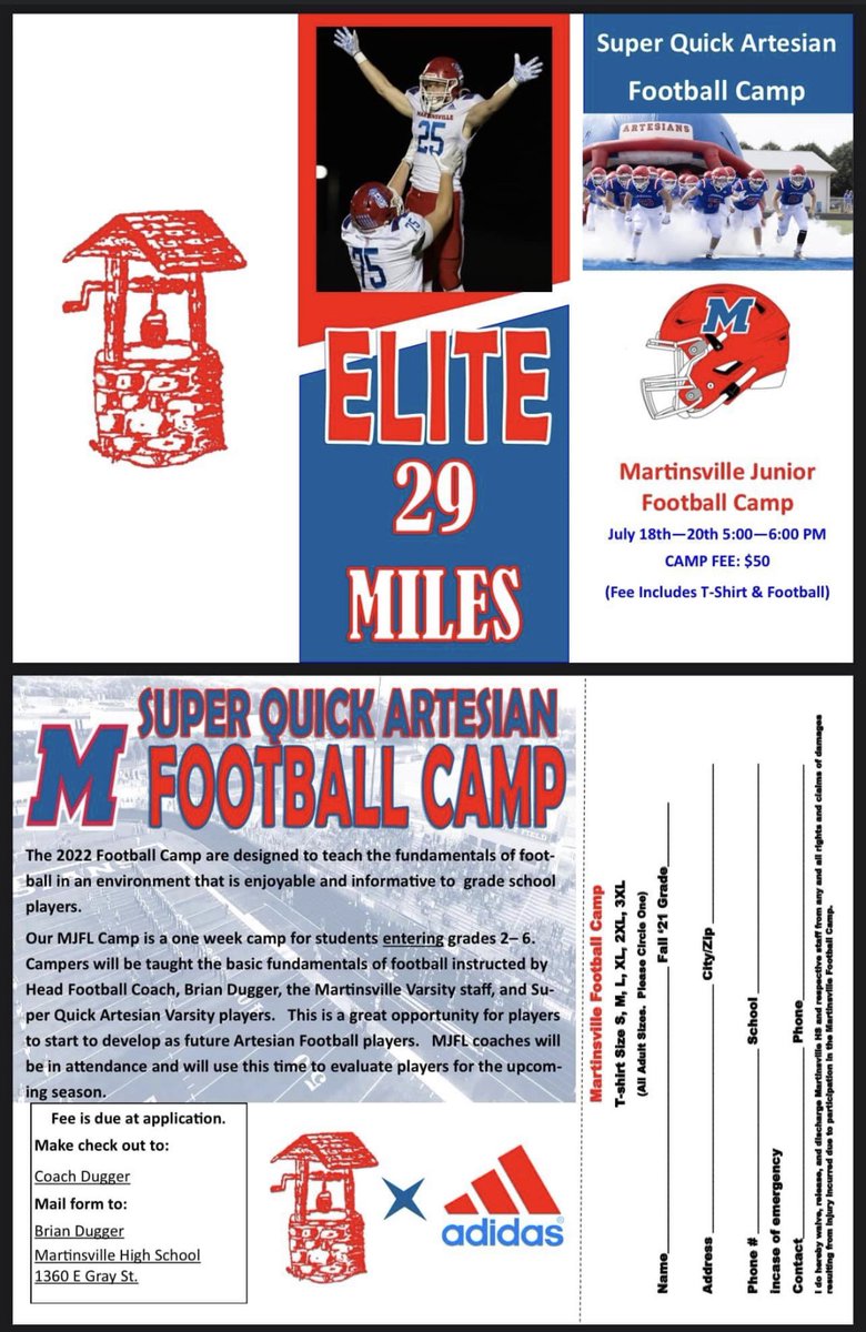 Big Week!!! Super Quick Artesian Football Camp!  5-6PM.  MJFL will be doing sign ups on-site. #BeELITE