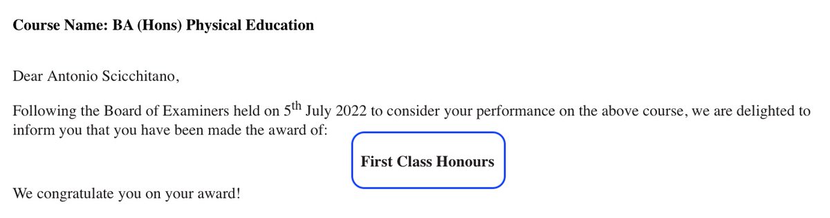 AntonioScicchi7's tweet photo. #studentlife, 19: first class honours.
'first class honours' in BA (Hons) PE @UCFB Wembley achieved.
#tomyDad
#excel
#dreams
#reward
#proud
#celebrate
#readyforthenextstep
#UCFBwembley
#sportbusiness https://t.co/JKMaCWO65H