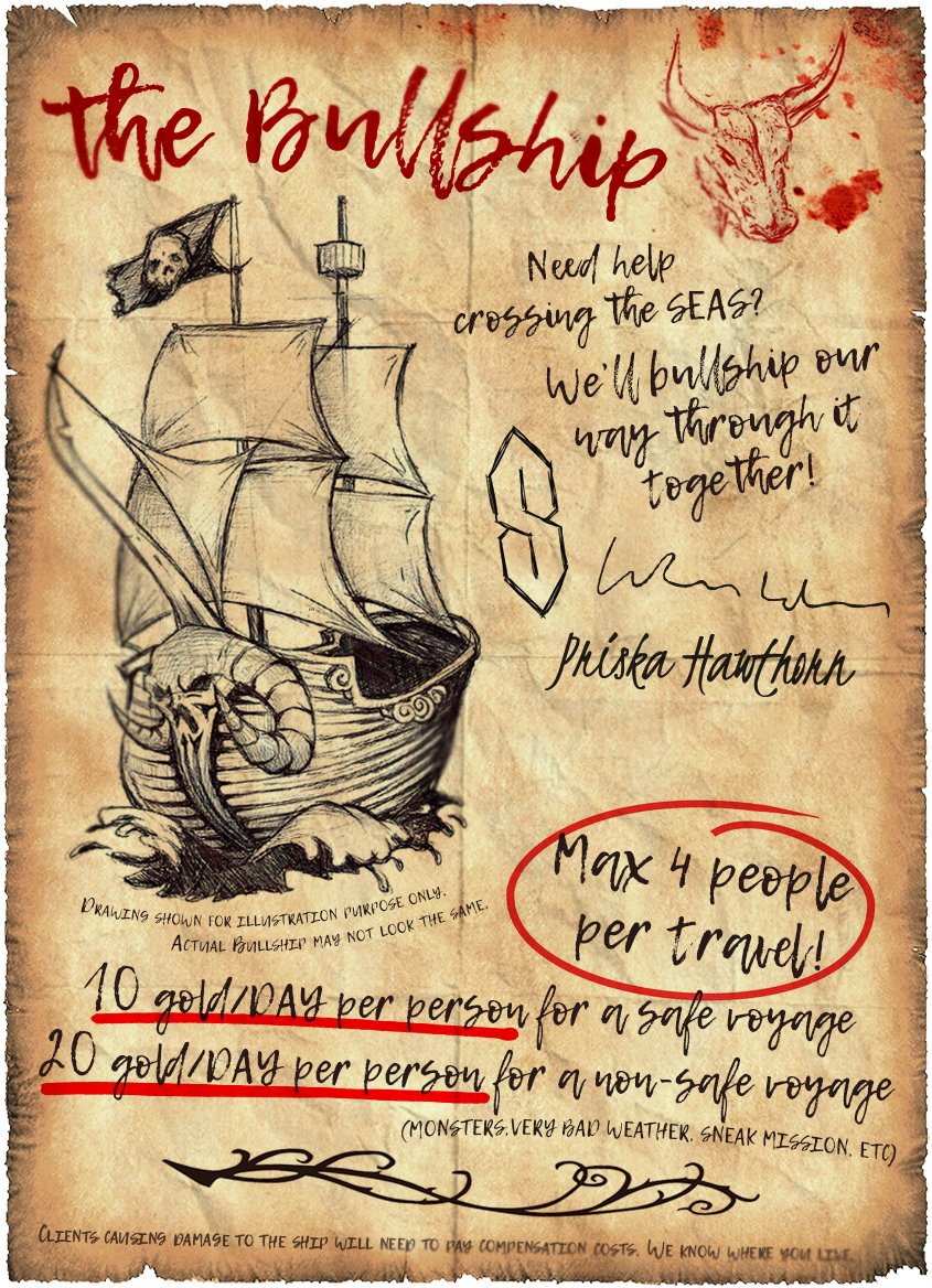 Look we even have a poster for the ad! :'D

And yes, Belzes' signature is that weird cool ''S'' everyone drew when they were young.

(note: the pirate ship drawing was found on a asset website, so it's not from me!) 