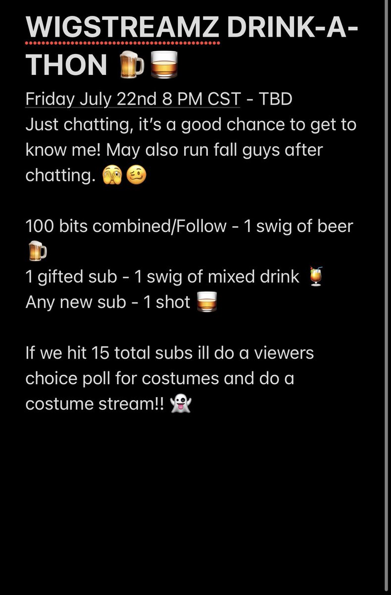 Wigstreamz's tweet photo. DRINK-A-THON!!!! Let’s partyyyy!! This upcoming Friday come and get me shitty while we chat the night away 😇🥴 Do me a favor and let’s RT to spread the news!! ❤️ See you there!! https://t.co/4hT1FIMy1f