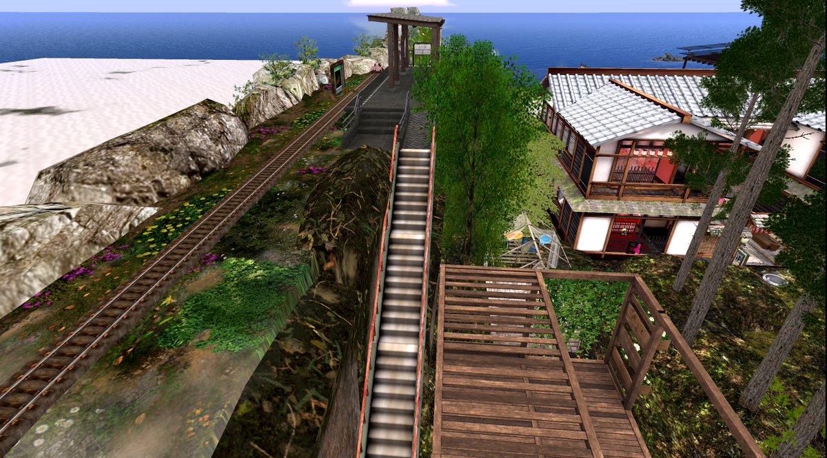 SSSIM17's tweet photo. 毎度おなじみトロッコ設置完了
今回は短いです！
駅は3つ　神社・温泉・Beachです
各場所に階段があって駅があるので楽しんでね！
着地地点は固定なので白いテレポーターで移動です！
https://t.co/6IDqVLLgeu
＃SLURL https://t.co/SEPdWgZhvb