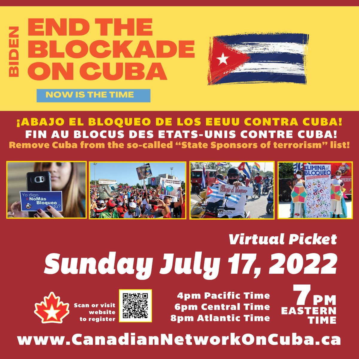 cdnntwrkoncuba's tweet photo. Today July 17 @ 7pm Eastern / 4pm Pacific 
👉 Join the Monthly Virtual Picket Against the U.S. Blockade on Cuba! Watch the livestream here: https://t.co/6Z0gLvPMPw or Register to join on Zoom: https://t.co/RyRPhq1et2 🇨🇺🇨🇺#UnBlockCuba #CubaPorLaPaz #Cuba #Cdnpoli #Canpoli #ottnews https://t.co/ktQvK3rHWB