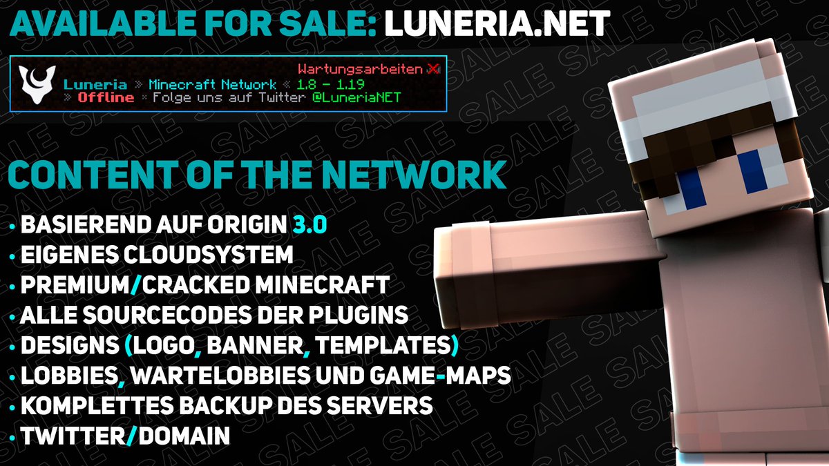 thepxscxl's tweet image. Luneria steht zum Verkauf! 💰

 ⚙️ Origin 3.0
 ✅ Minecraft Premium/Cracked
 🇺🇸 Language System
 🐦 @LuneriaNET

Bei ernsthaftem Interesse gerne per Direktnachricht oder auf Discord (pascal#7454) melden. 👀

❤️ &amp;amp; 🔁 für Support :)