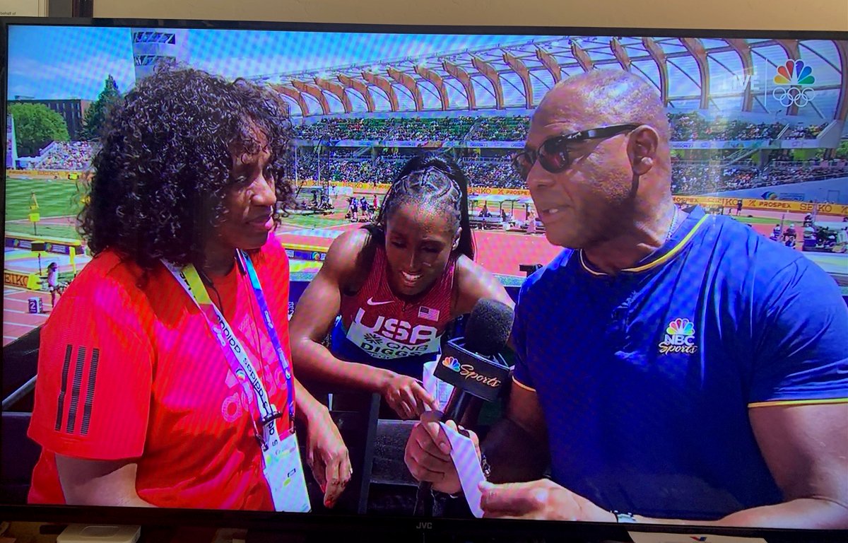 VadaManager's tweet photo. Wonderful #Eugene2022 is not the only city receiving some 🌍❤️during @WorldAthletics.  @JJKWILPrograms on @NBCSports with @LewisJohnsonMG; advising 🌟🏃🏾‍♀️@DiggsTalitha &amp; speaking about our hometown #estlouis &amp; her great work w/youth. 🙌🏾🙌🏾 #JJK #ambassador #treasure #89Blocks https://t.co/q4oNXxkY54