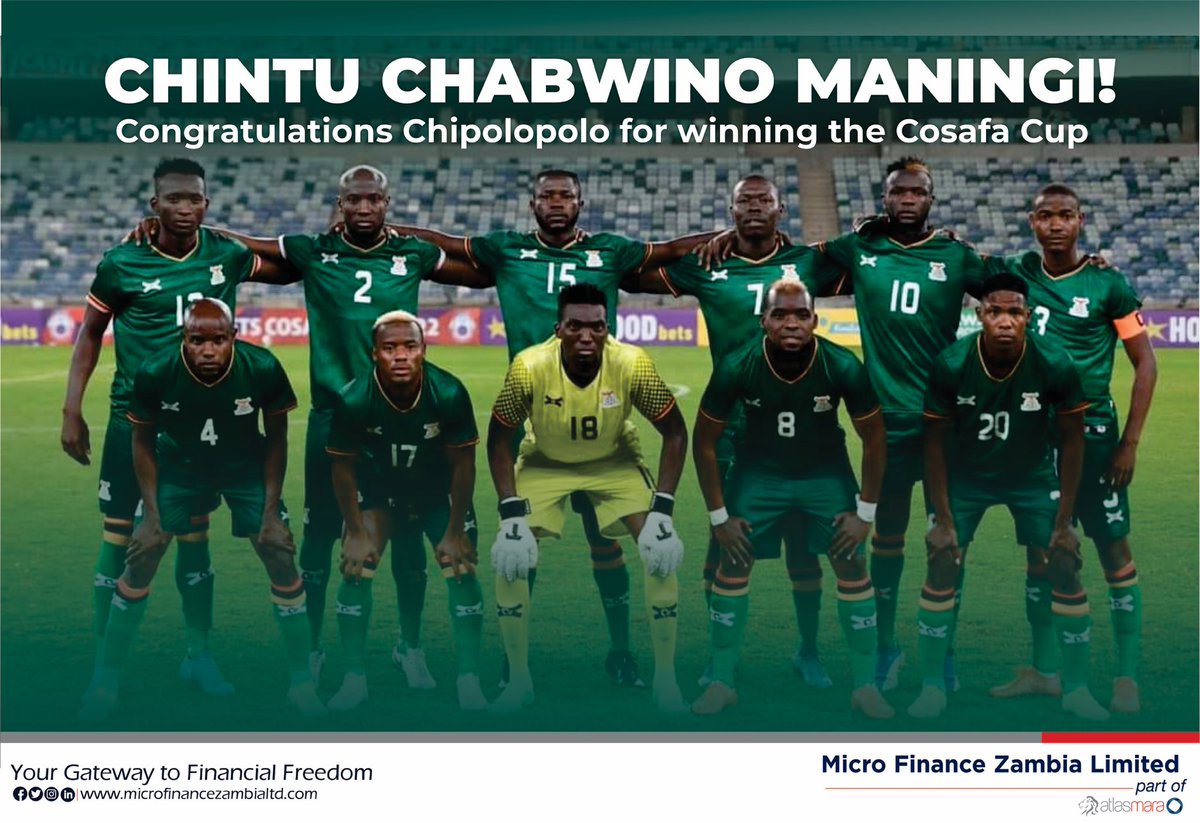 MfZltd's tweet photo. Congratulations to the Chipolopolo Boys. You have done us proud.🥇🏆⚽

#cosafacup https://t.co/ggq2xDes5T