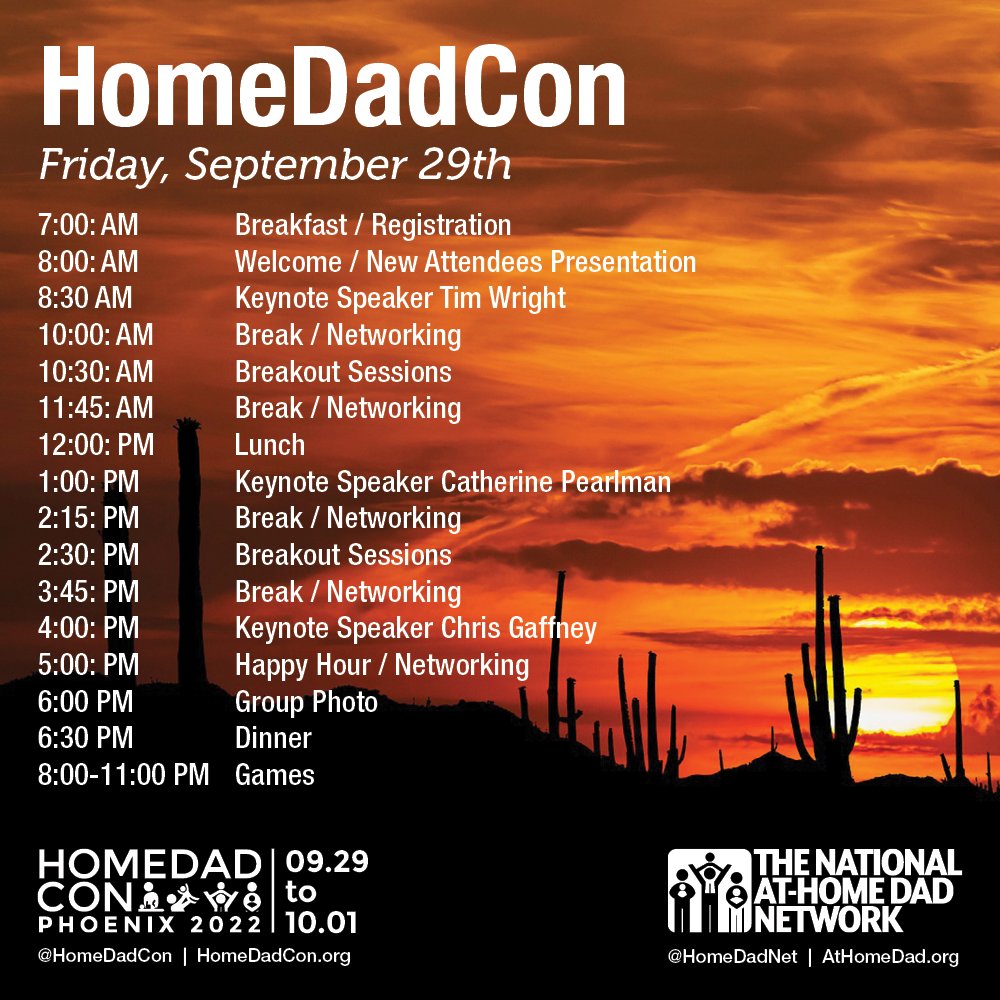 homedadnet's tweet photo. The Schedule is SET!! Many more Speaker Announcements to be posted. Hopefully this brings excitement, intrigue, and answers to how the weekend will flow. See you all in Phoenix!
For information go to https://t.co/QEmyJAbRM0
#StayAtHomeDad #Parenthood  #DadsDontBabysit #phoenix https://t.co/DWc5c1XPkR