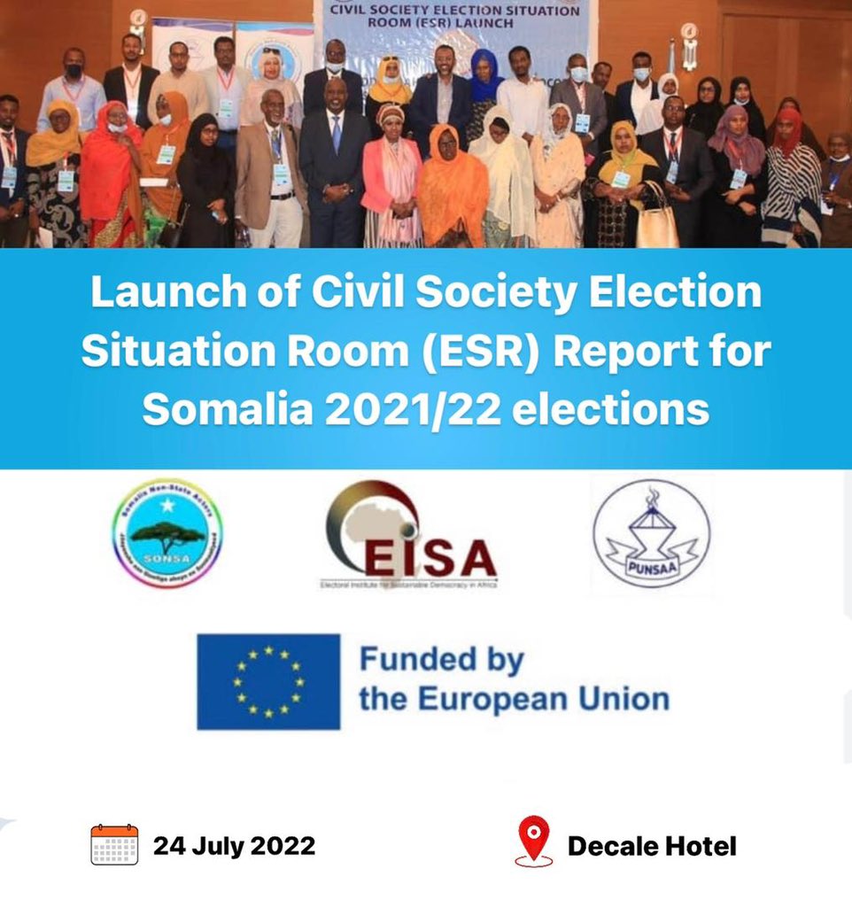 Great event coming soon. the #Launch of #CivilSociety #ElectionSituationRoom Report- Election Conflict Monitoring and Women's Participation Findings. 
<a href="/SomaliRoom/">Somali Civil Society Election Situation Room</a> <a href="/SONSA_NSA/">𝐒𝐨𝐦𝐚𝐥𝐢𝐚 𝐍𝐨𝐧-𝐒𝐭𝐚𝐭𝐞 𝐀𝐜𝐭𝐨𝐫𝐬</a> @PUNSAA5 <a href="/EU_FPI/">EU Service for Foreign Policy Instruments 🌐</a>