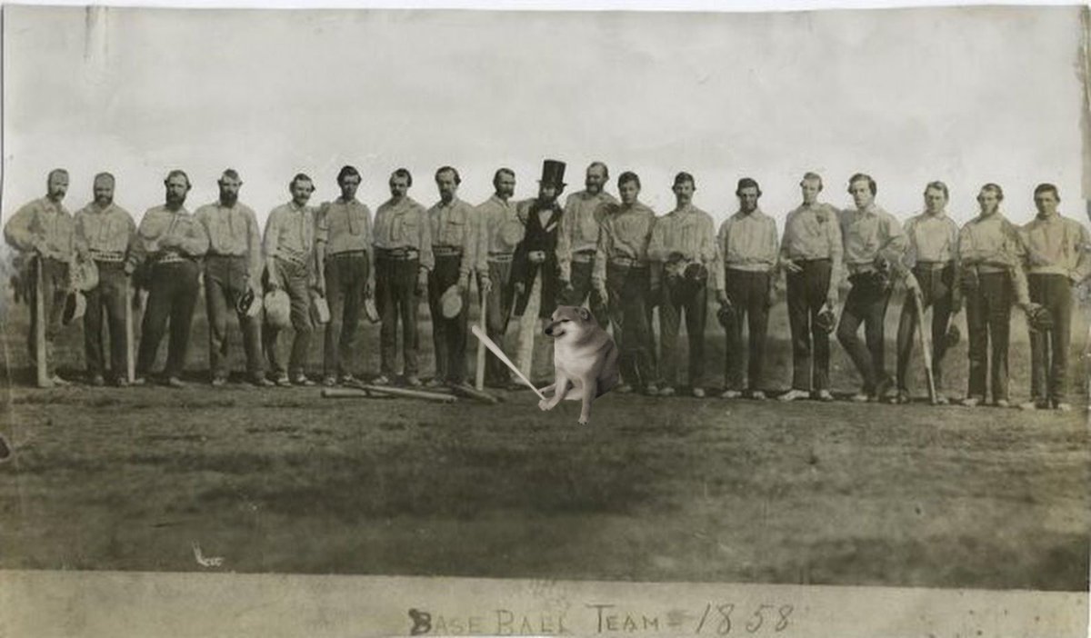 This early photo of baseball teams, the Knickerbockers &amp; Excelsiors, also shows the first team mascot. During the latter innings of blowout games, the Knickerbockers famously allowed the pup to bat.

In his career, he went 0-for-14.

#fakebaseballfacts