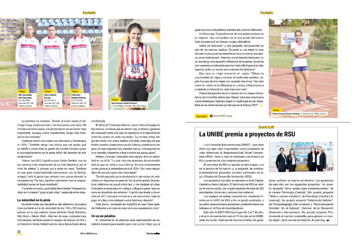 Nueva edición de la revista dominical de ABC Color, el testimonio de los deportistas que estarán en <a href="/asu2022oficial/">Asunción 2022</a> gracias a los atletas <a href="/PanteraGuarani/">Camila Pirelli Cubas 🇵🇾 OLY</a> <a href="/DerlysAyala/">derlis ayala</a> <a href="/DureNilo/">Nilo Dure</a> <a href="/FredyMaidana4/">𝙳𝚊𝚟𝚒𝚍</a>  <a href="/xeniahiebert/">Xenia Hiebert</a>, <a href="/AnaPaulaArguel7/">Ana Paula Arguello</a> César Almirón y Fátima Romero por la predisposición.