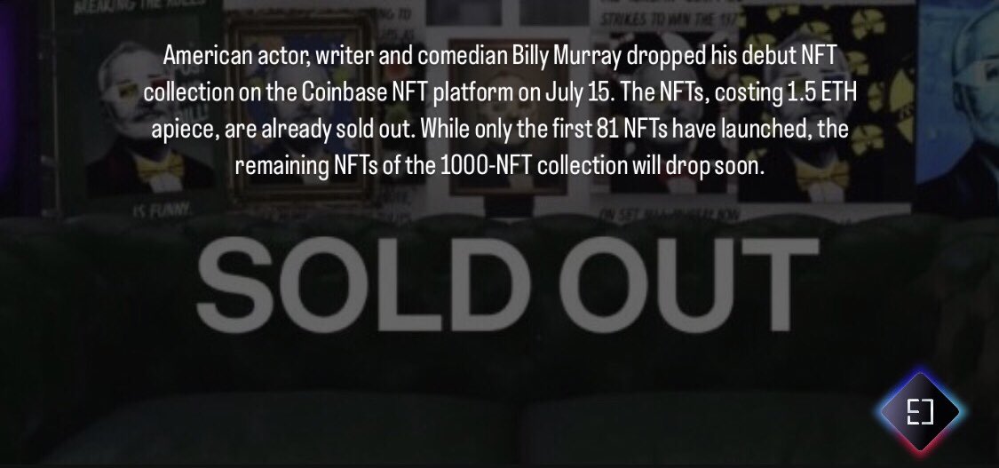 Bill Murray’s Biographical NFT Collection On Coinbase Sold Out 🚀

#NFTCommunity #NFTartist #NFTcollection #cryptocurrency #Web3 #blockchain #Crypto #art