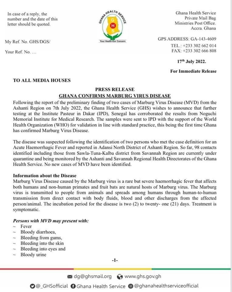 AfricanPostMag's tweet image. ‼️PRESS RELEASE‼️

Ghana Confirms Marburg Virus Disease (MVD)