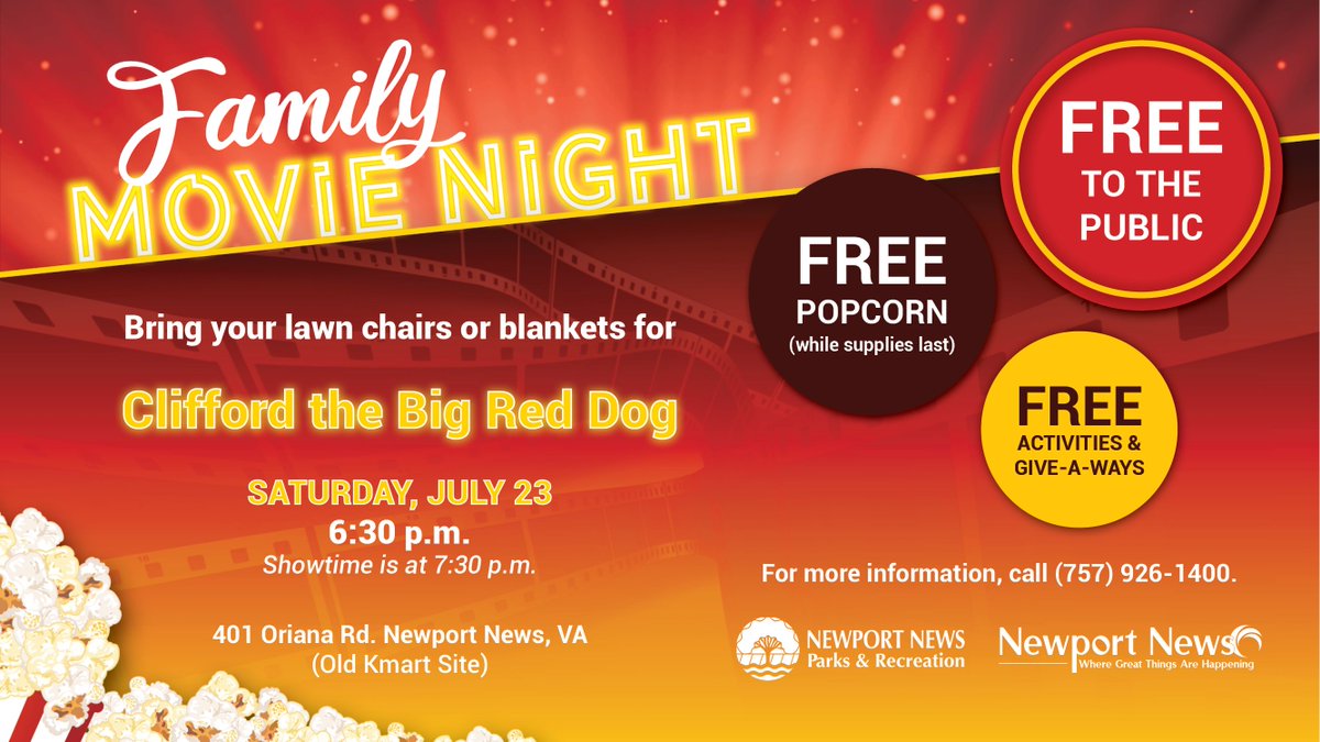 nnfestivals's tweet photo. Calling all dog lovers!  Outdoor Family Movie Night presents Clifford The Big Red Dog on Saturday, July 23 from 6:00 - 8:30 PM at the former Kmart site (401 Oriana Road).  Free parking and admission. https://t.co/PVufh3kyg9