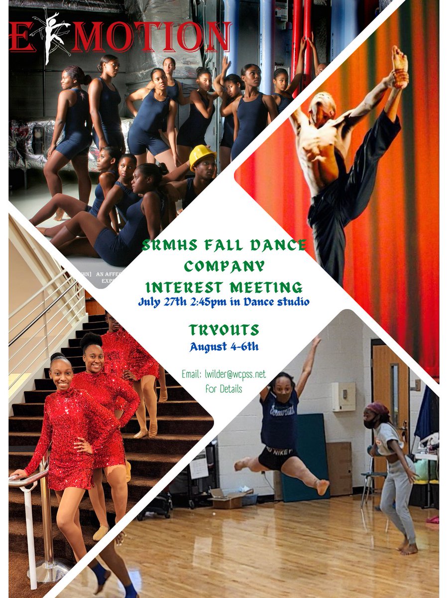 srmhsdance's tweet photo. SRMHS E-Motion Dance Company Fall Tryouts!!!
Come find out the requirements for the physical tryouts. Interest Meeting July 27th at 2:45pm. 
Tryout Dates are August 4-6th.  See you at the Interest meeting! https://t.co/74zdQ8X4BR