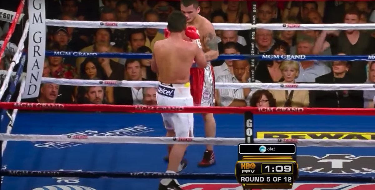 Watching one of my favorite fights of all-time, @terrible100 vs. Marcos Maidana. Sitting next to @OscarDeLaHoya, a young 20-year-old @Canelo stands up and shouts vocal support for Morales throughout the fight.