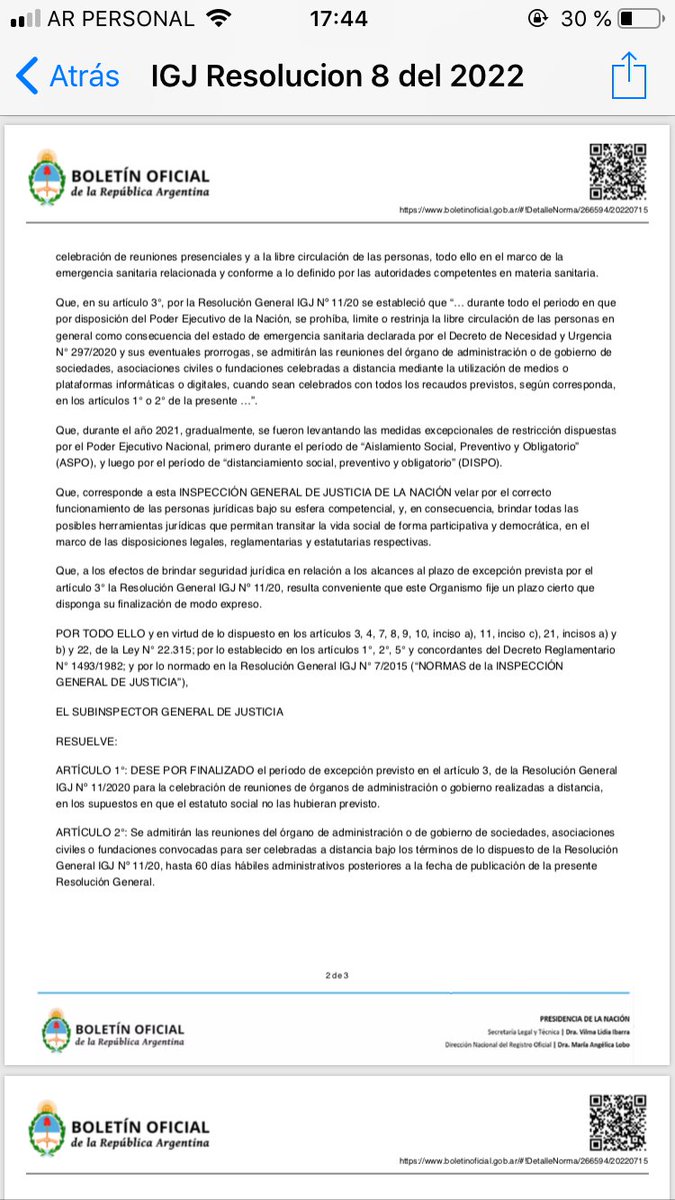 vero_croce's tweet photo. 📢 Resolución 8/2022 IGJ.
Dese x finalizado el periodo de excepción previsto en el artículo 3,de la Res.Gral IGJ Nº 11/20 para la celebración de reuniones de órganos de administración o gobierno realizadas a distancia,con excepción de las que la tengan previsto en su estatuto. https://t.co/ZUmbVJNO4v