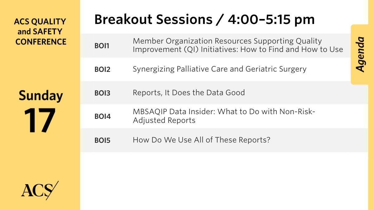 AmCollSurgeons's tweet photo. Our afternoon Breakout Sessions begin at 4:00 pm! Afterwards join us for our Mix and Mingle at 5:30 pm to meet other attendees. #ACSQSC22 https://t.co/ic7NDtB6Tn
