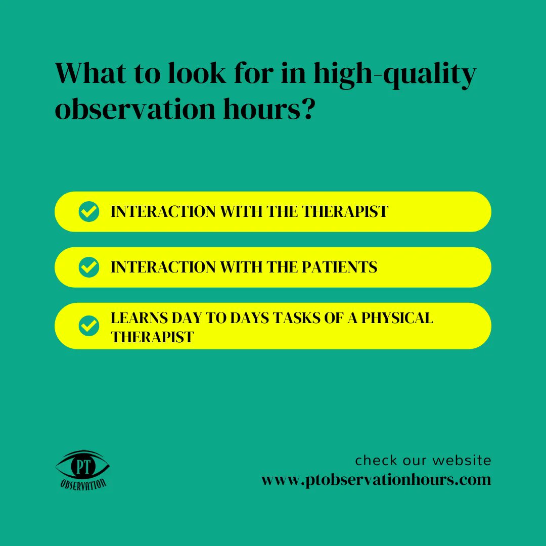 PTobservation's tweet photo. The quality of your observation hours is crucial to helping you decide if physical therapy is the right career for you! If you’re interested in learning more check out this article: What Makes for GREAT PT Observation Hours? 
#PhysicalTherapy #DPT #PTFam #PhysicalTherapyStudents https://t.co/MpkHOmGmaK