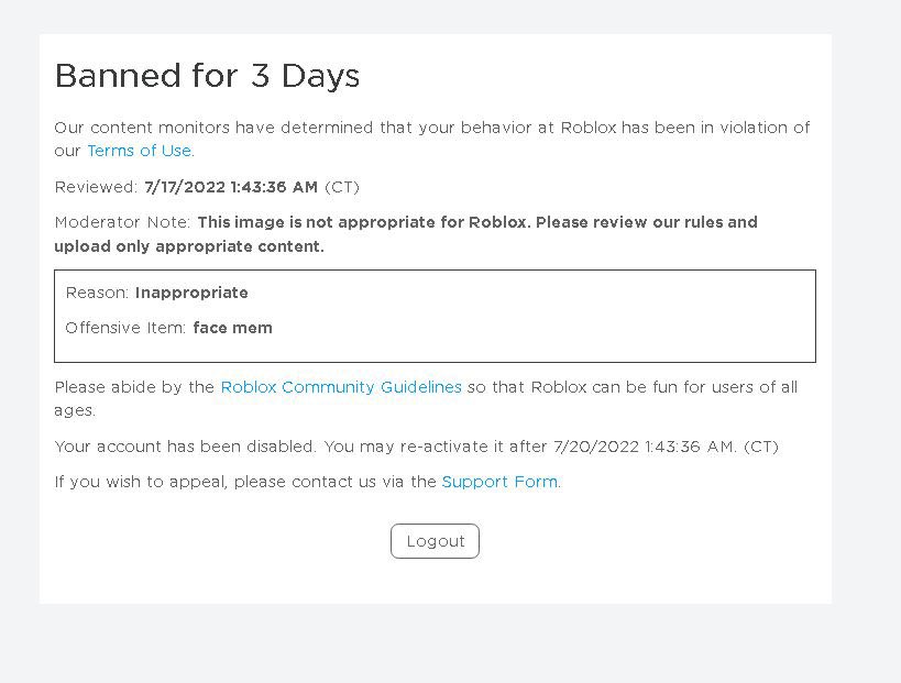 RBN ⛄ on X: 🚫 PROBLEM: A new #Roblox moderation issue is occuring when  uploading the Man Face on #Roblox. r Rainster got banned for 3  days for uploading the Man Face