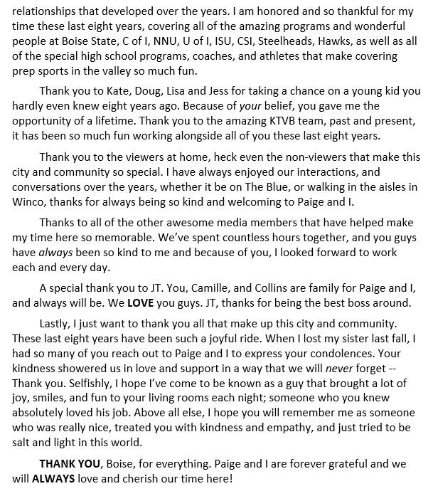 WillHallKARE11's tweet photo. BOISE! THANK YOU!

As this journey with @KTVB comes to a close on July 24th, I wanted to extend a heartfelt thank you to all of you!

Paige &amp; I are forever grateful for our time here, full of abundant blessings &amp; amazing people that make this place so darn special.

Thank You ❤️ https://t.co/zdUn7gLp7Z