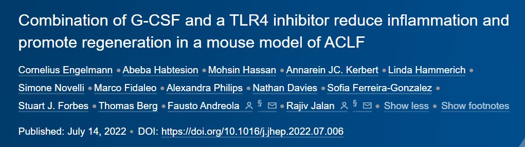 🆕Article in press❕ Combination of G-CSF and a #TLR4 inhibitor reduce inflammation and promote regeneration in a mouse model of #ACLF Read it here👉bit.ly/3zdoT36 @CorneliusEngel7 #LiverTwitter