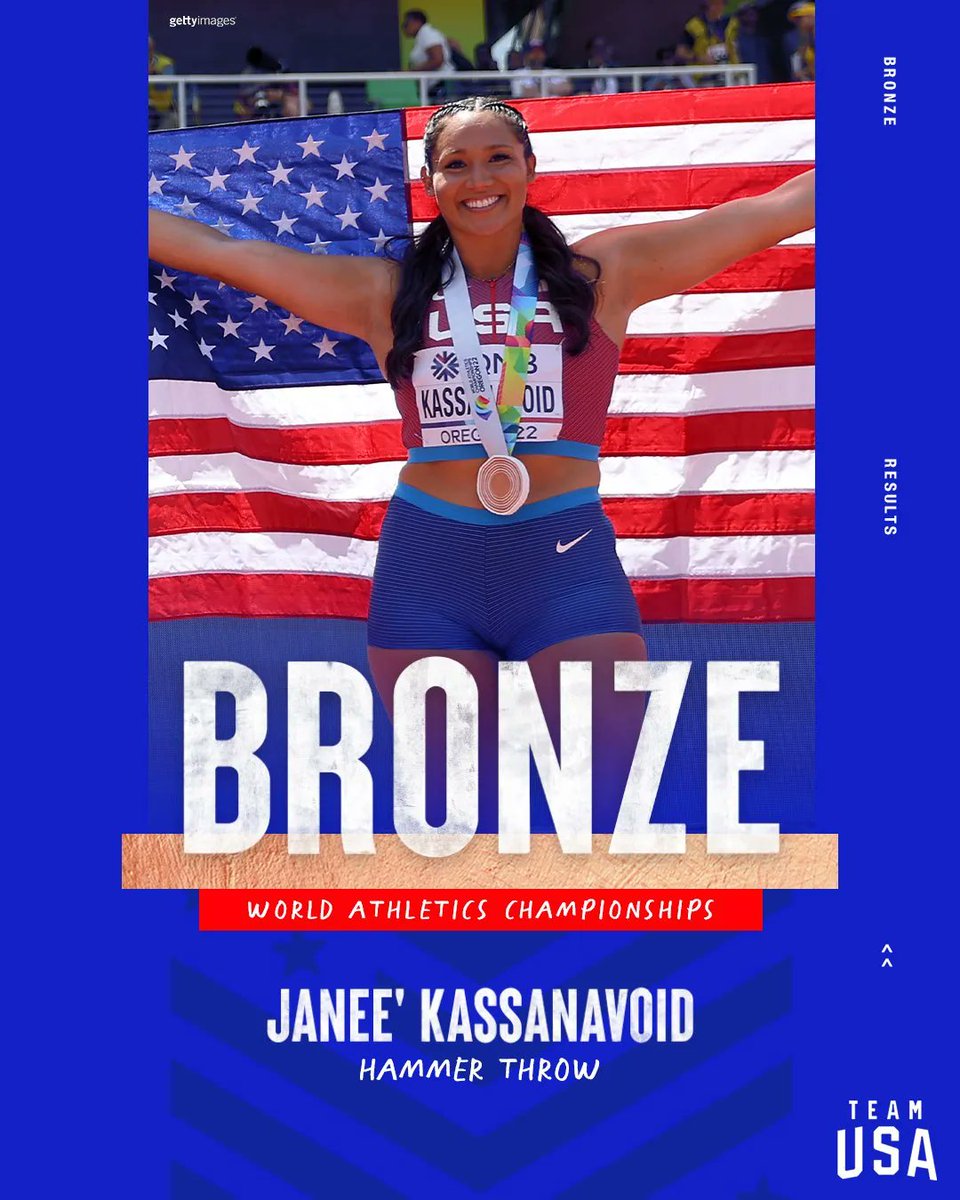 ndnsports's tweet photo. Shout out and congrats to Team USA's Janee Kassanavoid (Comanche Nation) who won the Bronze medal in the Hammer Throw at the World Athletics Championships. (To our knowledge, Janee is the 1st Native American woman to medal in the World T&amp;F Championships)
#NativeAthlete #Comanche https://t.co/WOUw6ccusK