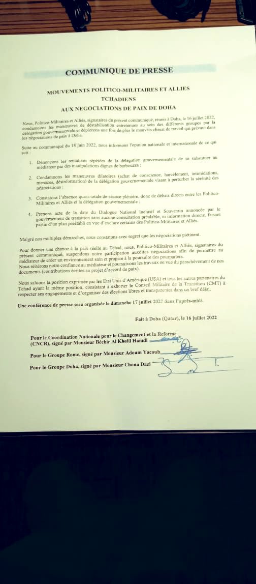 TchadUrgence's tweet photo. Communiqué de press du #NARR présent a #doha au #qatar .  Nous ne sommes pas de simples intervenants. https://t.co/R5n7nME723