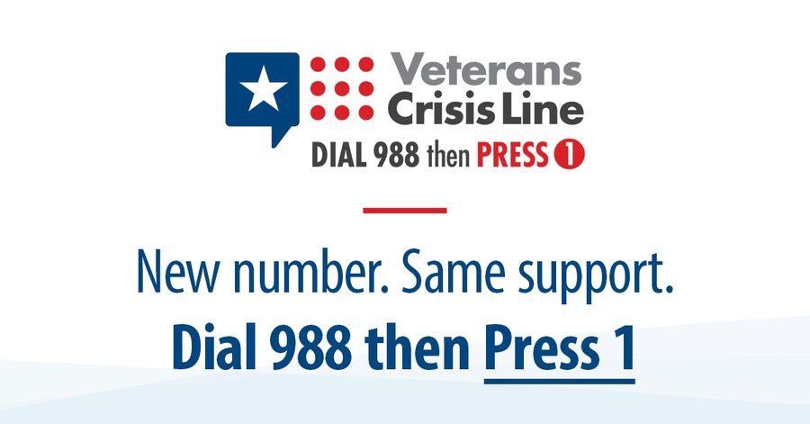 jbantam33's tweet photo. The #VeteransCrisisLine has a new, easier-to-remember number—Dial 988 then Press 1. #bethere #veterans #SuicidePrevention https://t.co/28x11kPVr4