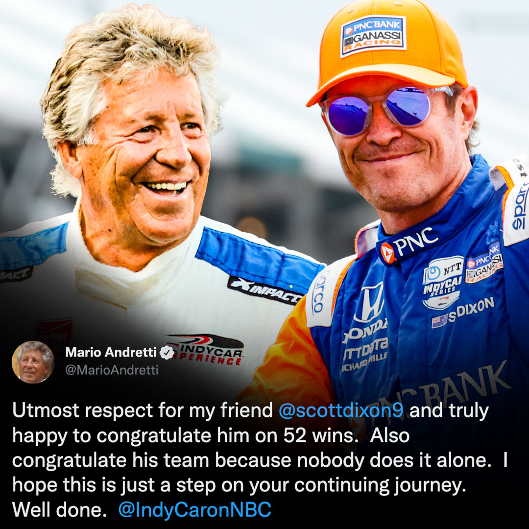 From one legend to another. 🐐 @MarioAndretti has a message for @scottdixon9 and @CGRTeams after Dixon tied him on the all-time @INDYCAR wins list.