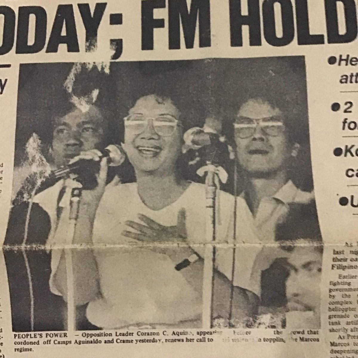ProjectGunitaPH's tweet photo. Oft-repeated claim on People Power: Cory Aquino was absent. Was she? From Malaya, Feb 25, 1986: “Opposition leader Corazon C. Aquino, appearing before the crowd that cordoned off Camps Aguinaldo and Crame yesterday, renews her call to non-violence in toppling the Marcos regime.” https://t.co/v7r3fafxy9