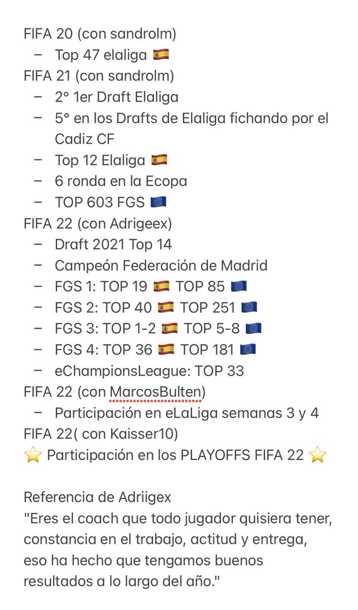 🚨COACH FA🚨
Una vez terminada toda la temporada aviso mi fin de contrato con <a href="/IluroGaming/">Iluro Gaming</a>, dicho esto me dispongo a escuchar ofertas para la temporada de FIFA 23. Abajo os dejo un listado de mi trayectoria y experiencia.