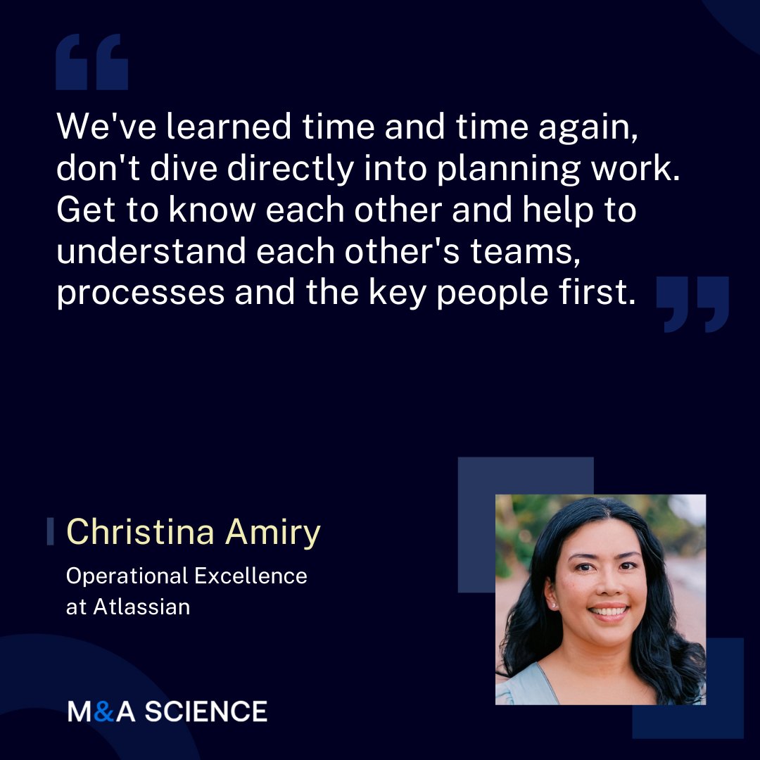 m_a_science's tweet image. Getting acquired injects anxiety to the employees. Building trust and getting to know the people first, helps calm the acquired employees, says Christina Amiry, Operational Excellence at Atlassian.

#mascience #mergersandacquisitions #virtualma #remotework