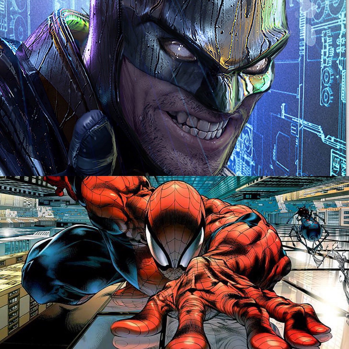 heroichollywood's tweet photo. What situation would be more scary…Batman starting to smile or Spider-Man stops talking? https://t.co/hVcd9NPb4a
