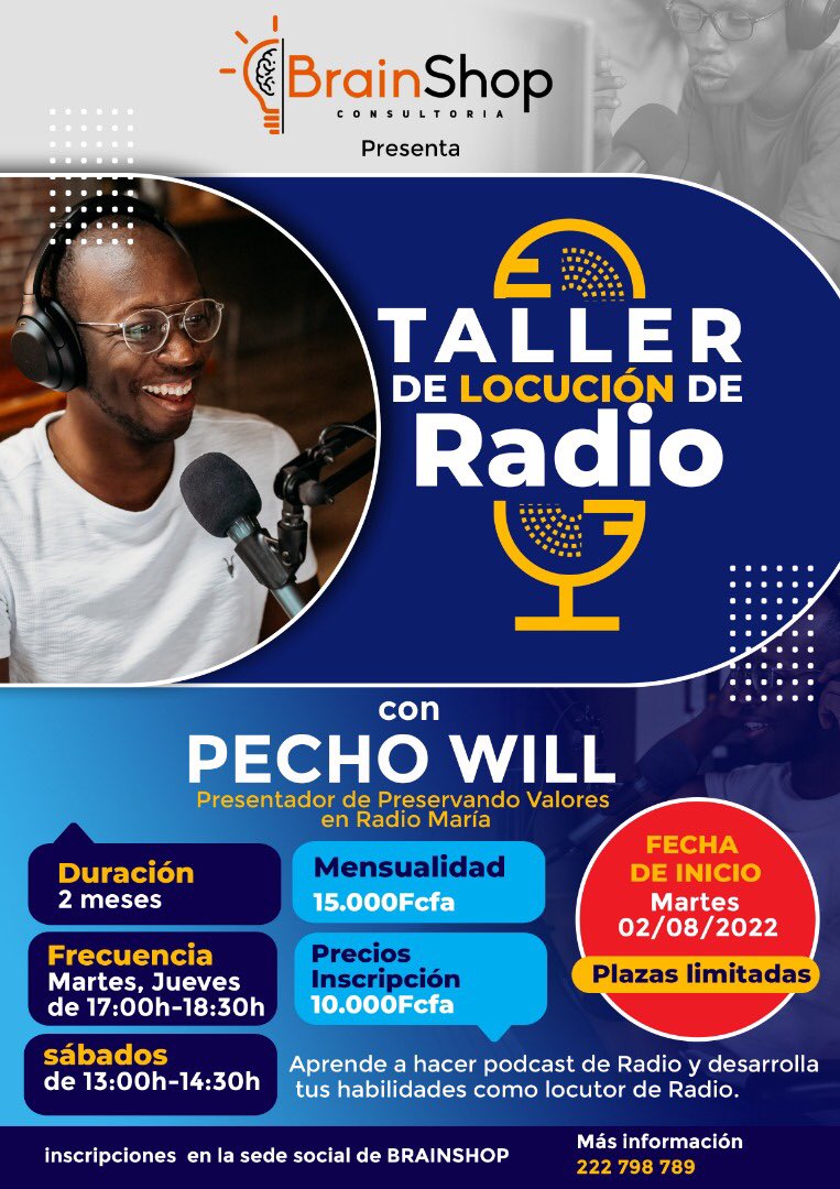 Taller de locución de radio que se ofrece en la sede de BrainShop a partir del día 2 de agosto. Impartido por PECHO WILL (locutor del programa Preservando valores, en Radio María). 
Inscripción: 10.000Fcfa
Mensualidad: 15.000Fcfa. 
#BrainShopEG #Tallerdelocucion 
<a href="/ELMAU_IMPACTA/">Mauricio Ebozogo Oficial</a>