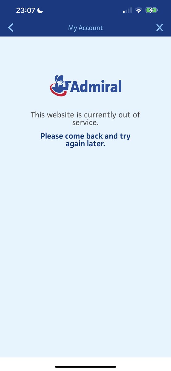 charIottemay's tweet photo. @AdmiralUK appalling service from Admiral Insurance. Website &amp; App ‘my account’ section has been down for AGES. I need car insurance by tomorrow. WHEN will this be fixed?! https://t.co/RxISFFcv5R