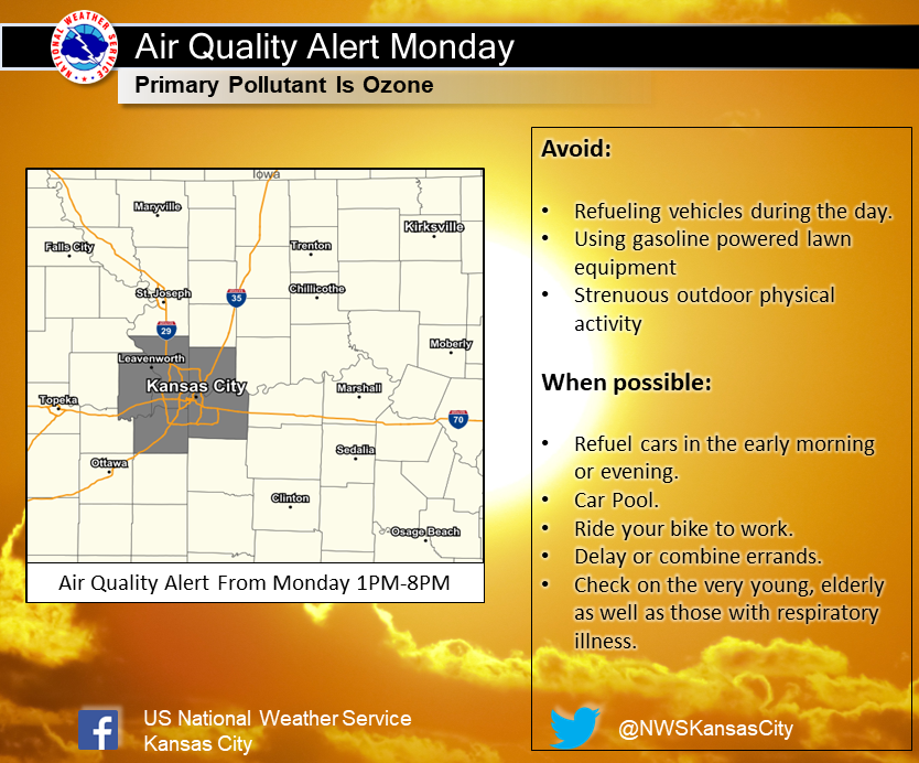 A Air Quality Alert is in effect from 1PM to 8PM tomorrow. If you need to tank up for the work week try and do that this evening or early tomorrow morning. It is recommended that individuals consider limiting strenuous physical outdoor activity tomorrow.