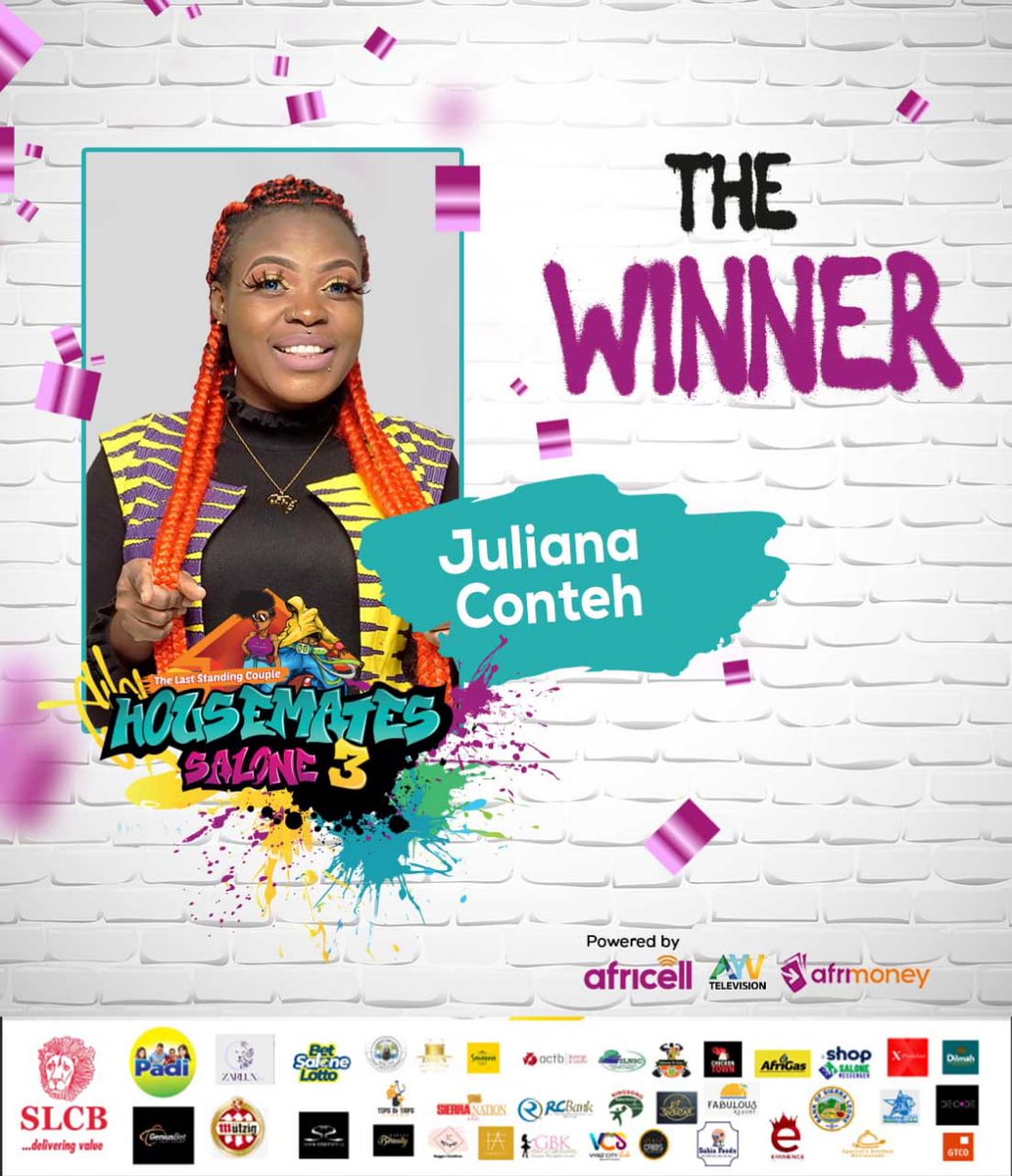AYVnews's tweet photo. #HousematesFinal.
Julianna Conteh aka Julie Tombo just won.
She is the proud winner of Housemates Salone Yagba Season 3. Prize presented by First Lady Madam Fatima Bio. CONGRATULATIONS!
#HMSalone
#HMSL3
#AYVDStv399
#AfricellSL https://t.co/0zSo8uQLd7