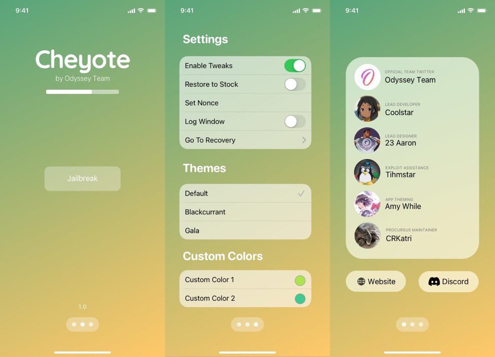 جلبريك: Cheyote

من تطوير : <a href="/CStar_OW/">CoolStar</a> 
يدعم الإصدارات iOS 15.0 الى iOS 15.1.1 
ويدعم جميع الأجهزة 🔥🔥🔥

وسيتوفر للجميع خلال هاذ الاسبوع