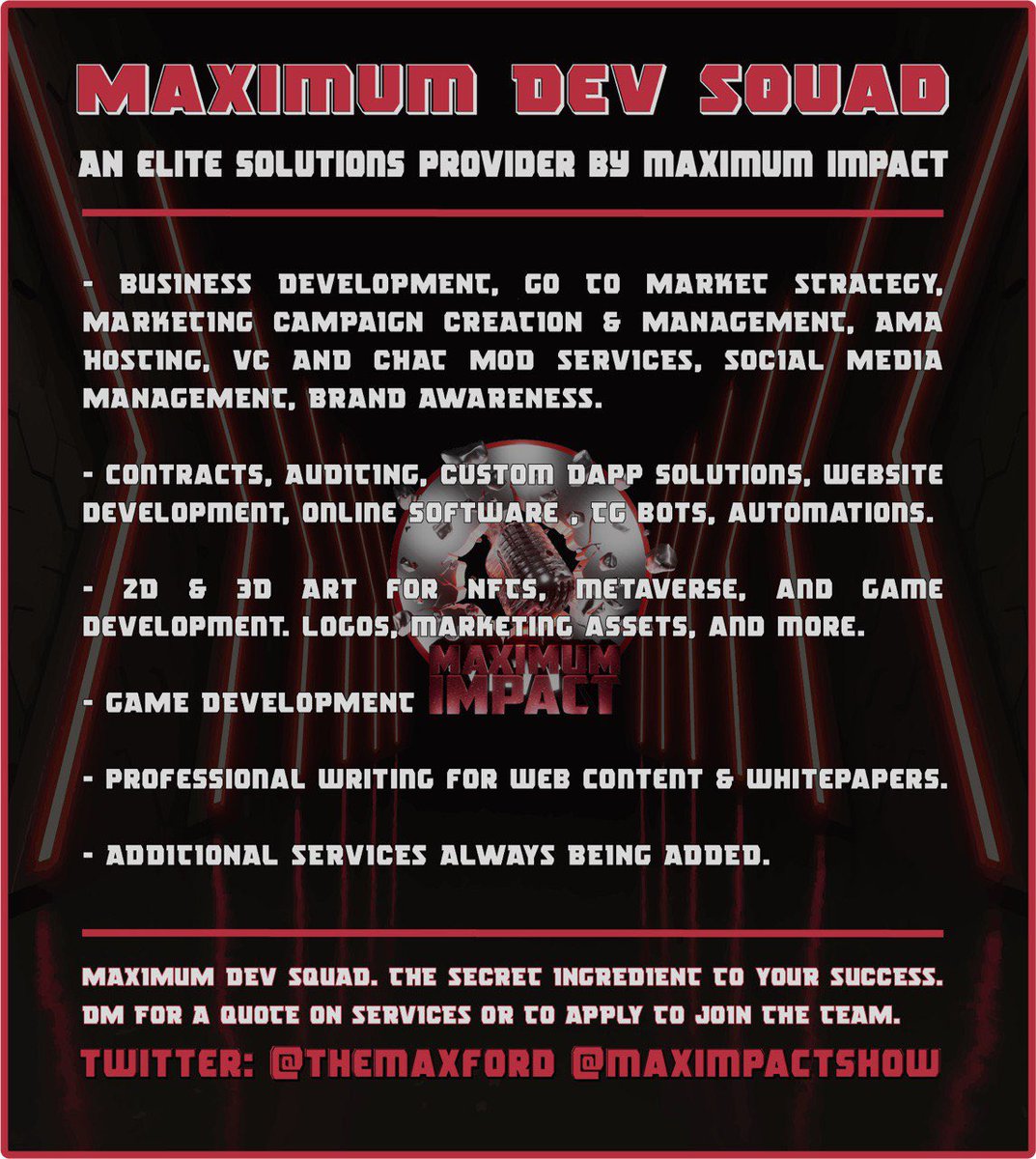 TheMaxFord's tweet photo. Announcing Maximum Dev Squad.  Elite Dev Services. What does your project need? DM for a quote or to apply to join the team. We are the secret ingredient to your success. #MakeAnImpact #MaxDevSquad #crypto #KYC
@SOS_Lounge https://t.co/ZMw2u2H1YJ