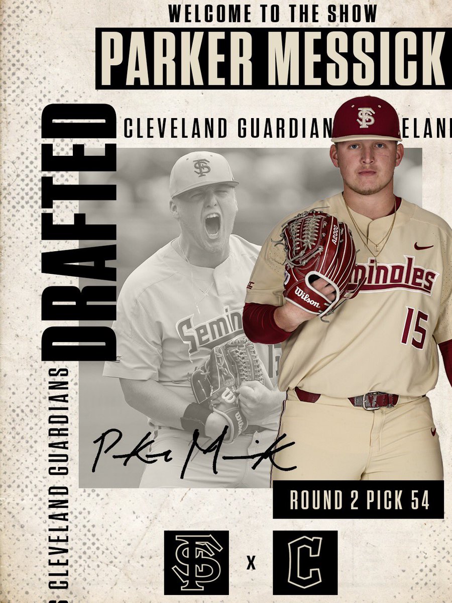 FSUBaseball's tweet photo. 𝗣𝗮𝗿𝗸𝗲𝗿 𝗠𝗲𝘀𝘀𝗶𝗰𝗸 is off the board!

The 2021 ACC Freshman &amp; Pitcher of the Year taken 54th overall by the @CleGuardians https://t.co/qZvZlvpCLA