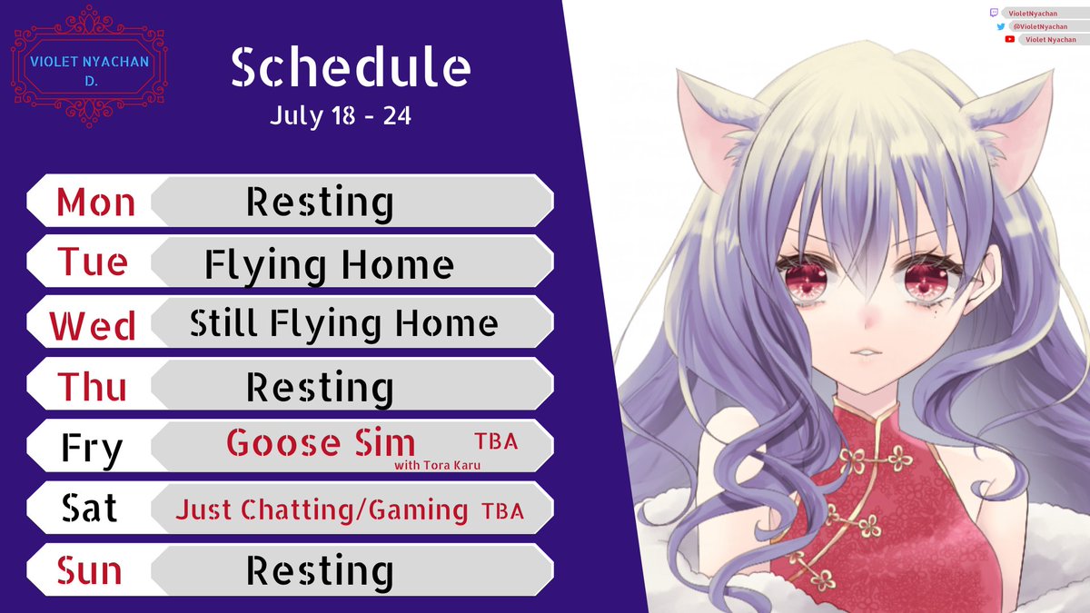 VioletNyachan's tweet photo. โจ Shedule for the upcomming week โจ
Tags๐ฆ
๐#VioletNyachan
๐ด#VioLive
โ๏ธ#VioLore
๐จ#DVioArt
#Vtuber #VtubersUprising https://t.co/eVV5N8eRrk